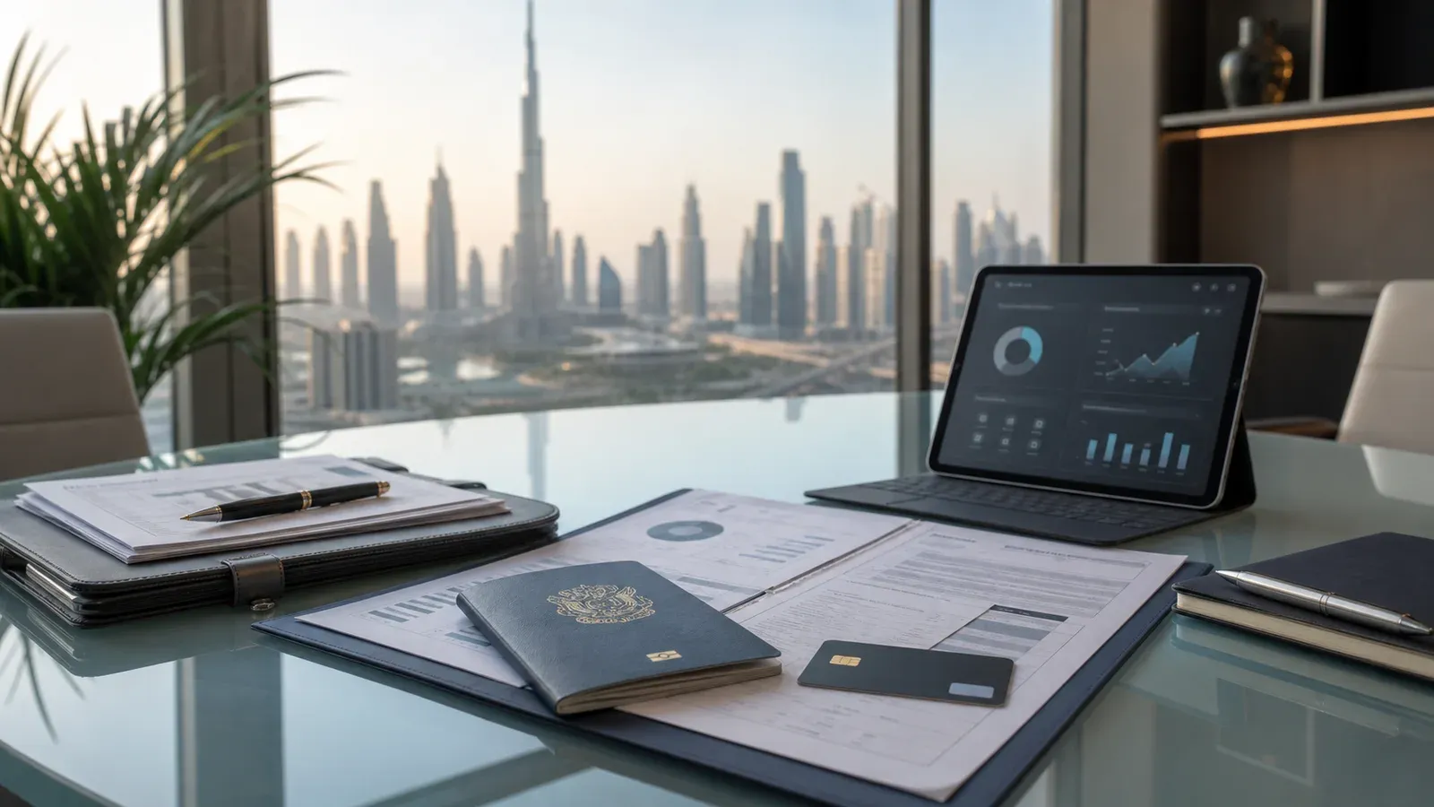Corporate bank account file prepared on a Dubai meeting table