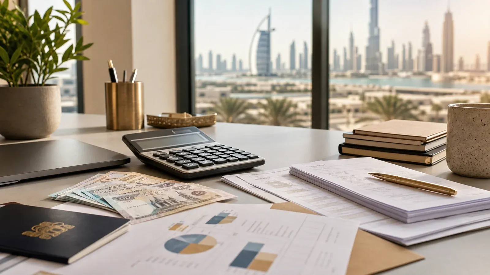 Presupuesto para crear empresa en Dubai preparado con calculadora y documentos