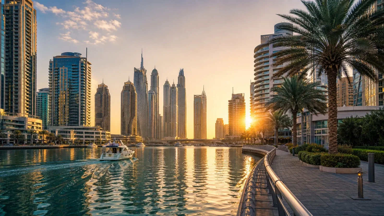 Dubai Marina waterfront and residential towers at golden hour