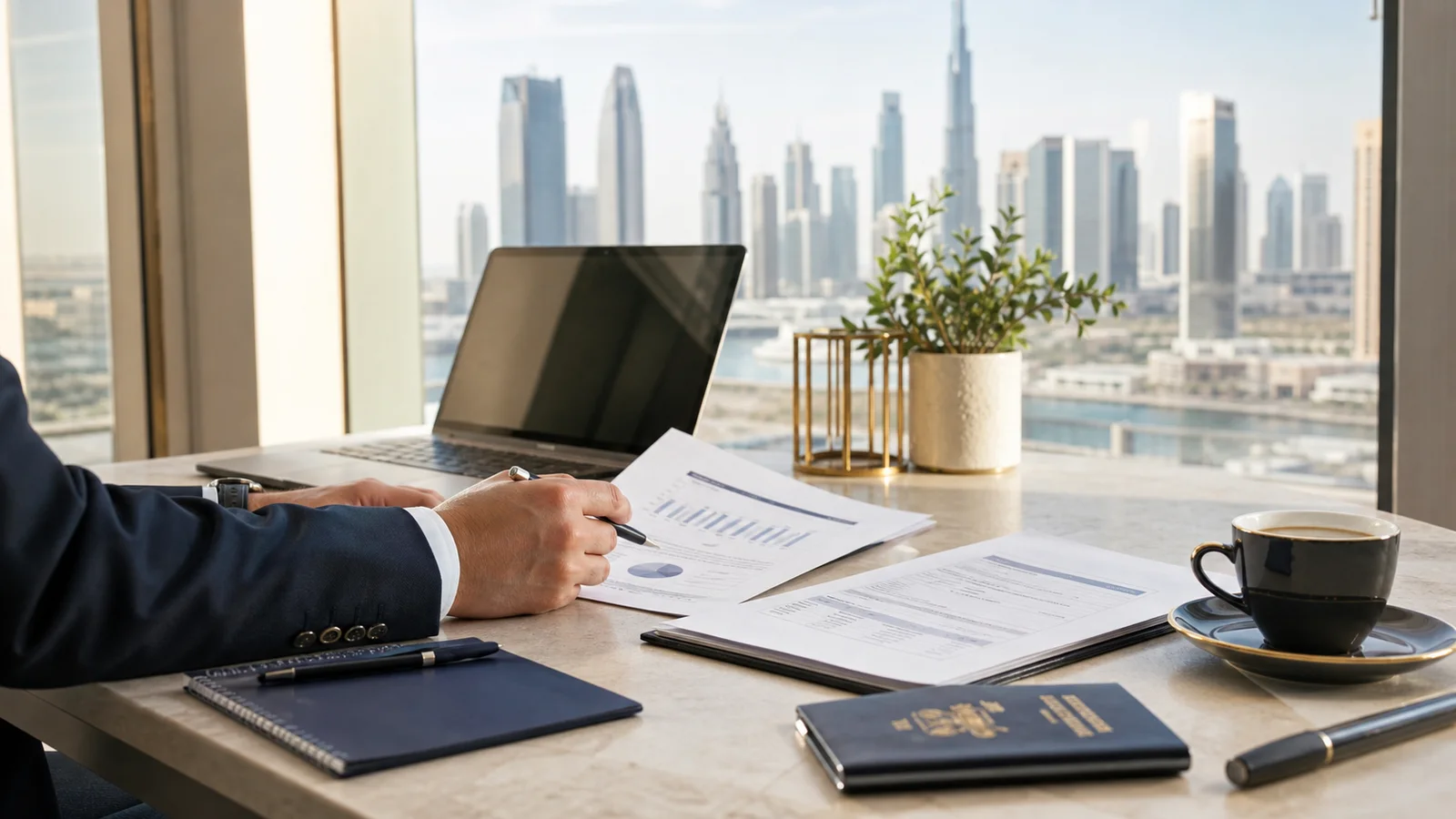 Dubai company formation documents and passport prepared on a business desk