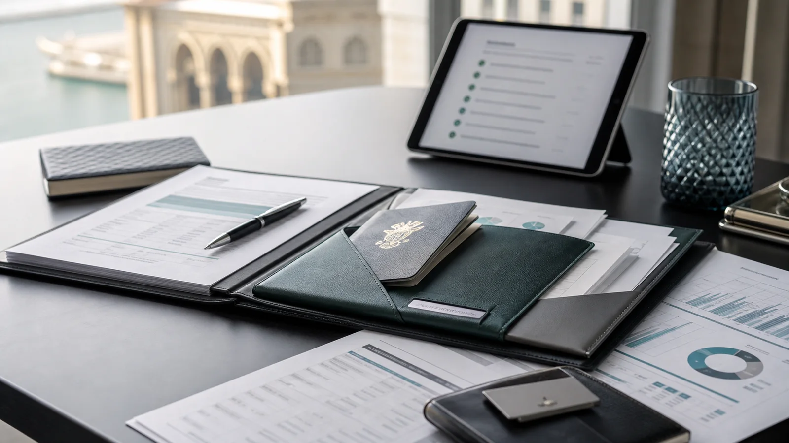 Corporate bank file with passport, company documents and dashboard prepared in Dubai